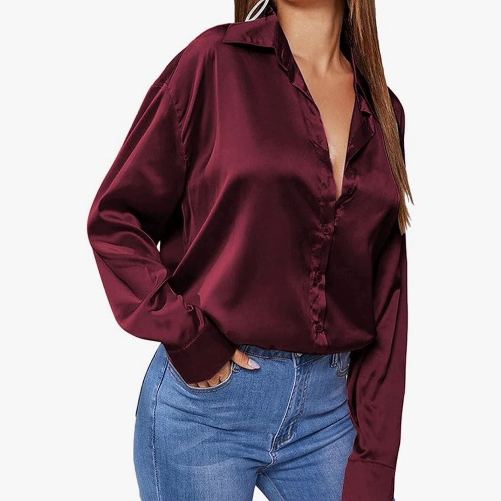 Rich Burgundy Satin Women's Button-Down Shirt